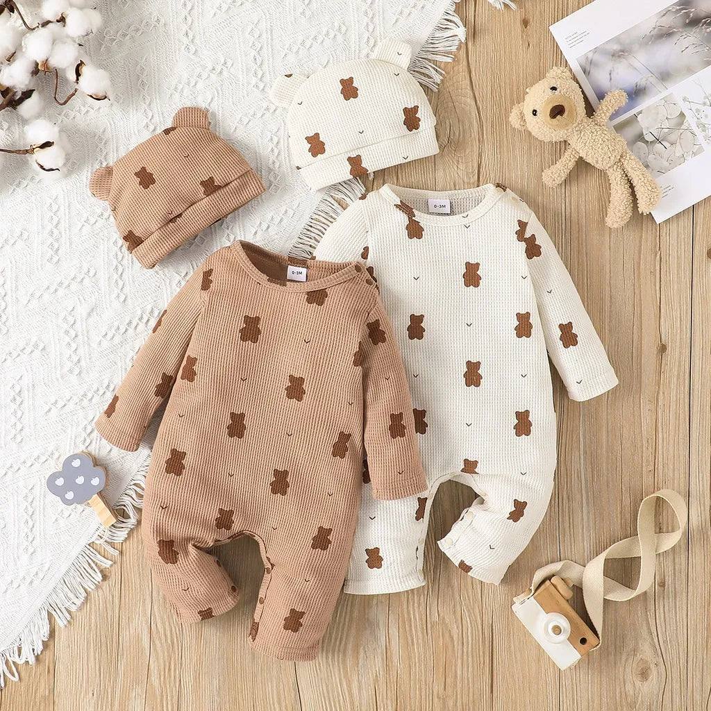 Infant long sleeve cotton romper with cute bear details, perfect for everyday baby wear