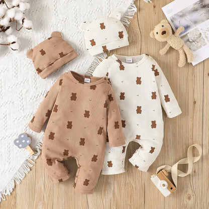 Infant long sleeve cotton romper with cute bear details, perfect for everyday baby wear