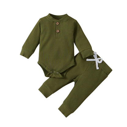 Unisex ribbed cotton plaid bodysuit for infants, complete with simple elastic pants.