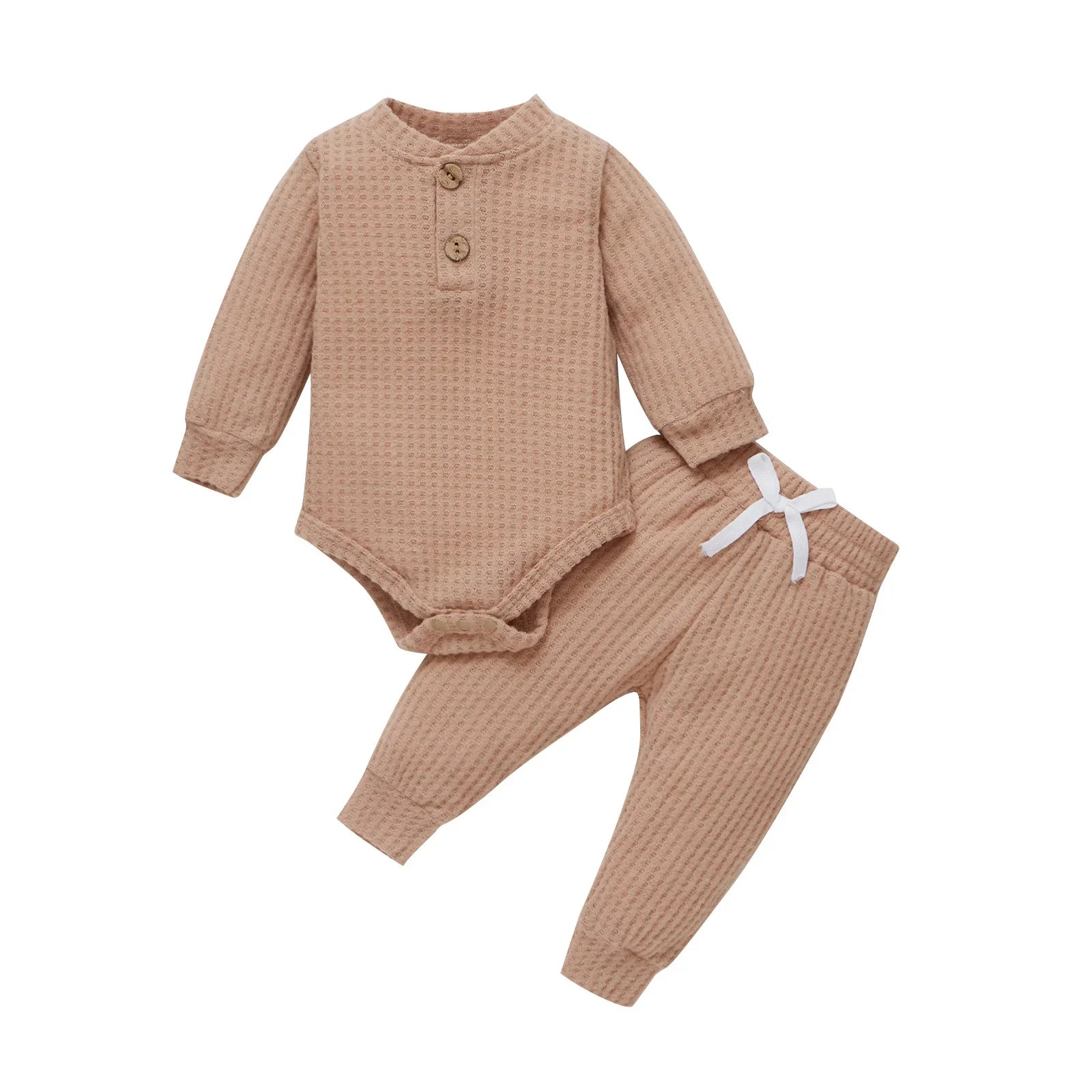 Unisex infant long-sleeve ribbed plaid bodysuit with snap closure and elastic pants.