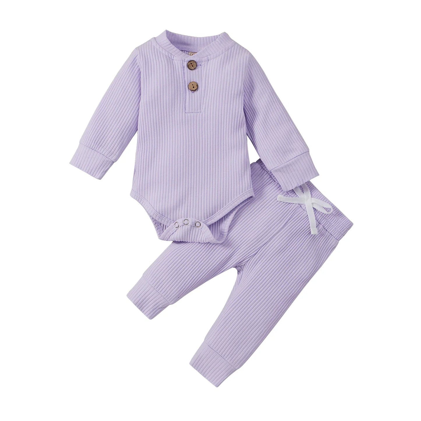 Unisex baby outfit featuring a classic plaid ribbed bodysuit and comfortable elastic pants.