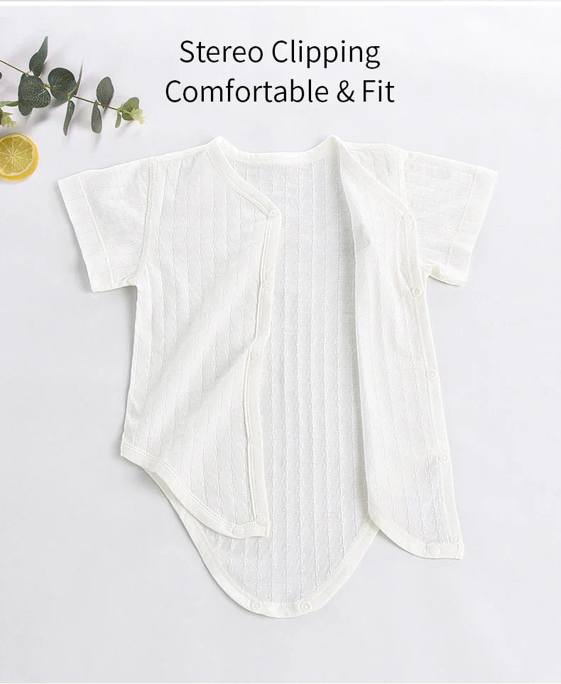 Newborn unisex cotton short sleeve bodysuit on a baby hanger, ready to wear