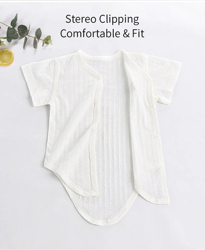 Newborn unisex cotton short sleeve bodysuit on a baby hanger, ready to wear