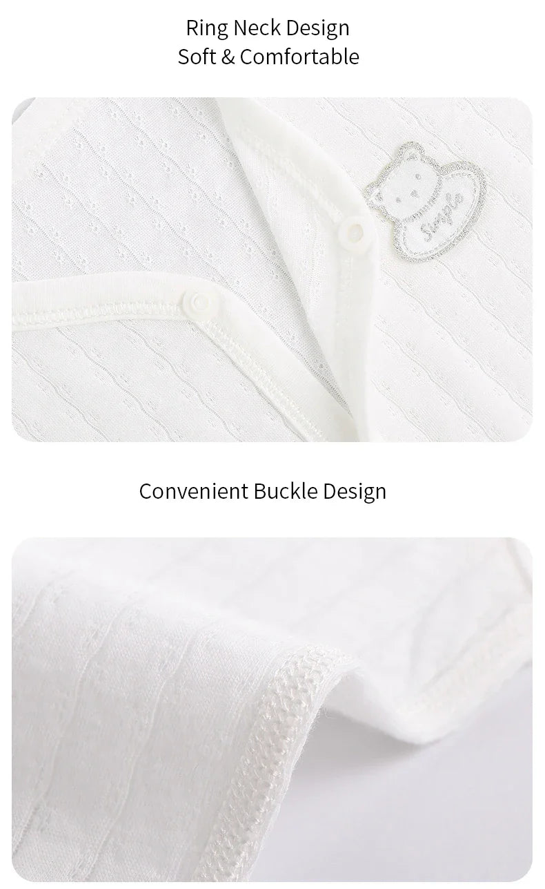 Detailed view of the shoulder lap and snap buttons on a newborn unisex cotton bodysuit