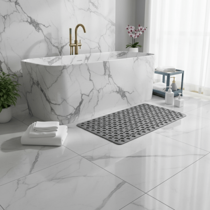 Textured anti-slip shower mat, ensuring bathroom safety & comfort. Durable and hygienic.
