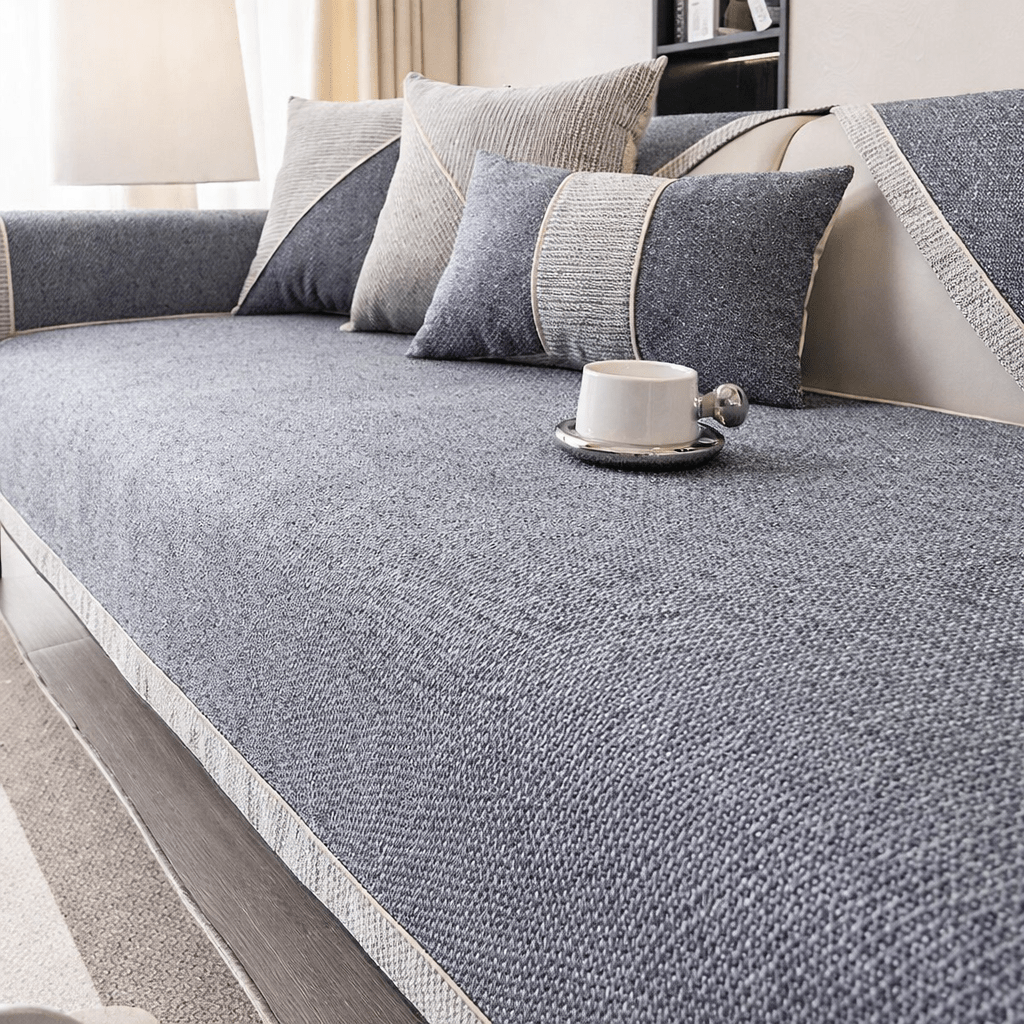 Easy-care non-slip sofa protector, cotton-linen blend. Ideal for pet owners & busy households.