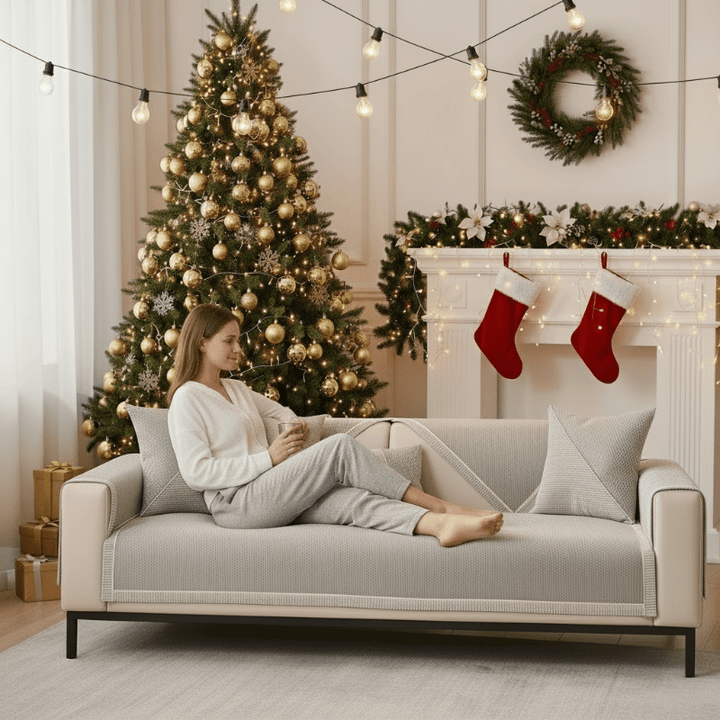 Pet-friendly non-slip couch cover in cotton-linen blend. Protects furniture from spills & wear.