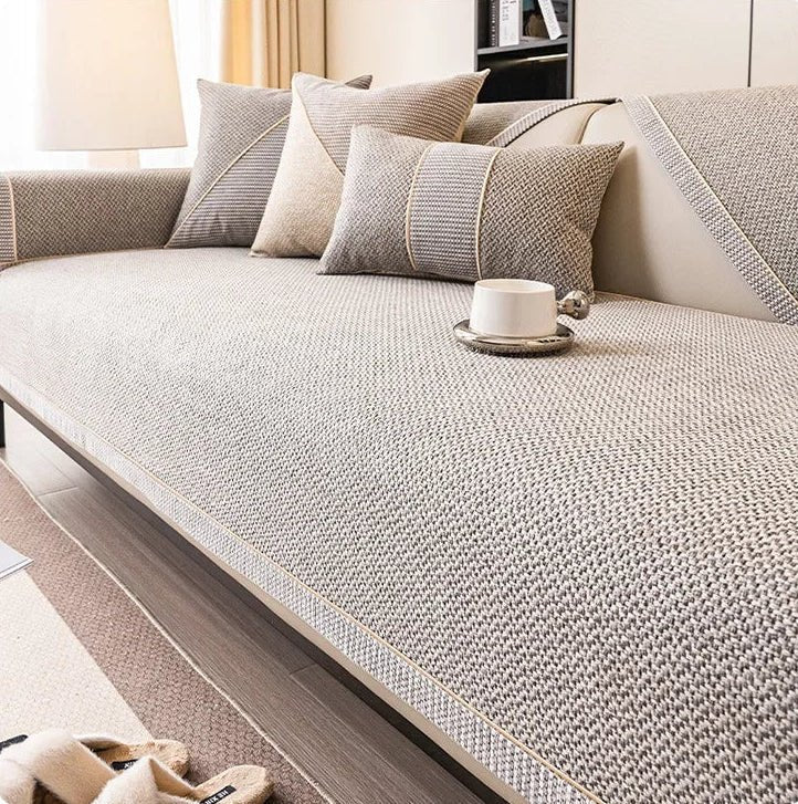 Non-slip seat protector for modular sofas. Durable cotton-linen, easy to clean & pet-friendly.