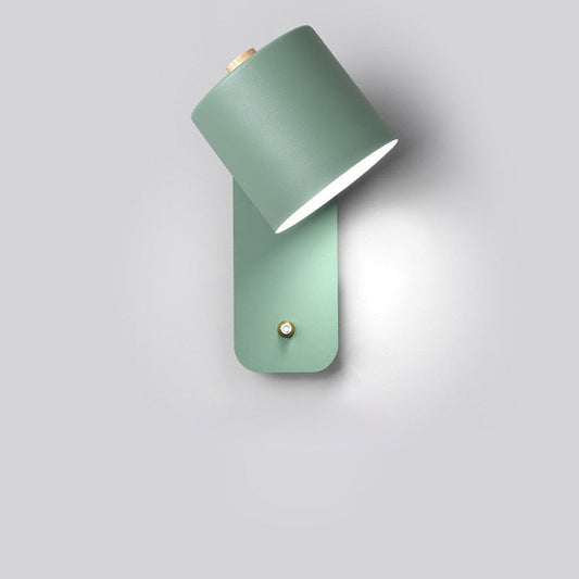 Nordic LED Wall Sconce with switch, sleek design, green color, metal and wood, contemporary lighting, minimalist elegance.
