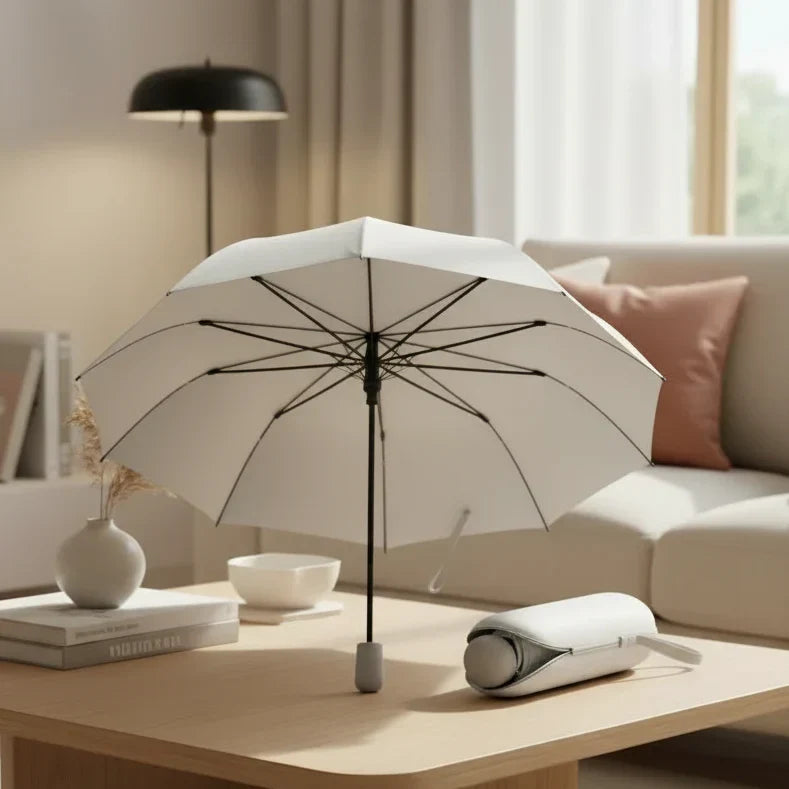 Open ultra-compact travel umbrella providing stylish rain protection. Lightweight, portable weather gear for men & women.