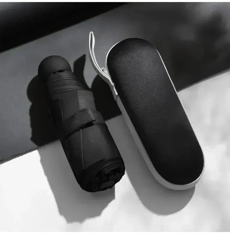Sleek, closed ultra-compact travel umbrella in its stylish capsule design. Perfect portable rain accessory.