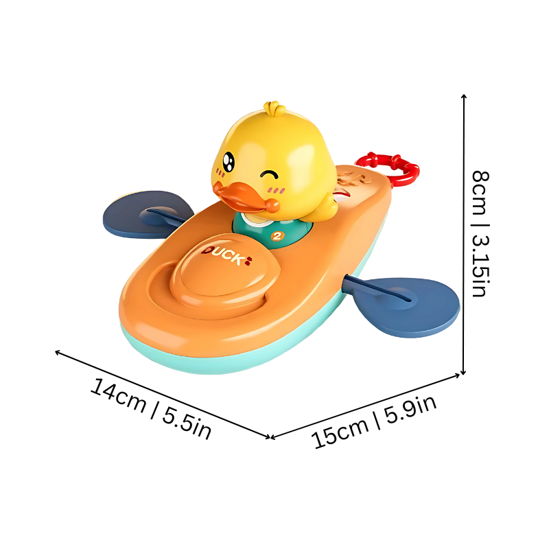 Blue plastic wind-up duck toddler bath toy, perfect for water play and pool time fun.