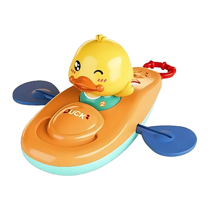 Kids' wind-up paddling duck toy in orange and blue, an engaging water play and developmental toy.