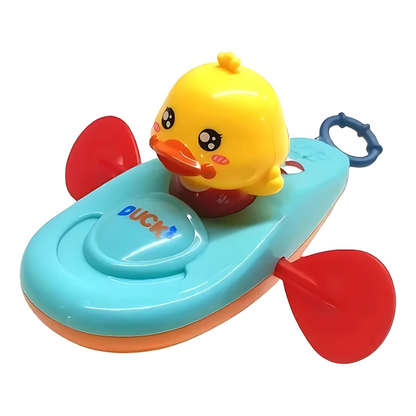 Close-up of a wind-up duck bath toy for kids, ideal for interactive water play and sensory development.
