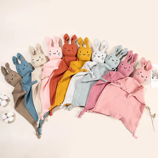 Organic cotton infant comfort blanket with grey cat doll, newborn essential, soft baby gift