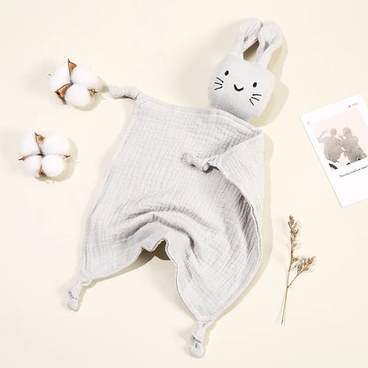 Infant organic cotton comfort blanket, grey cat doll design, soft & safe for baby
