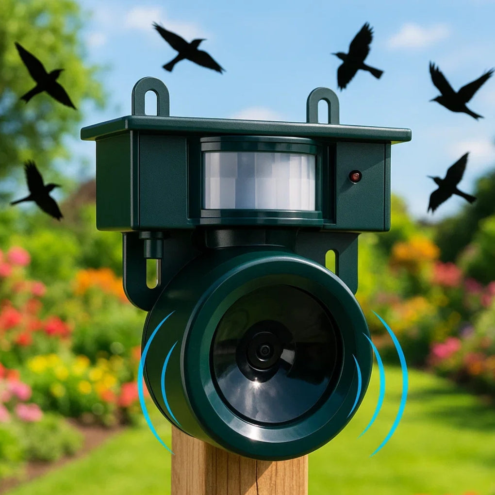 Outdoor solar bird repeller with motion sensor, protecting garden from pests.