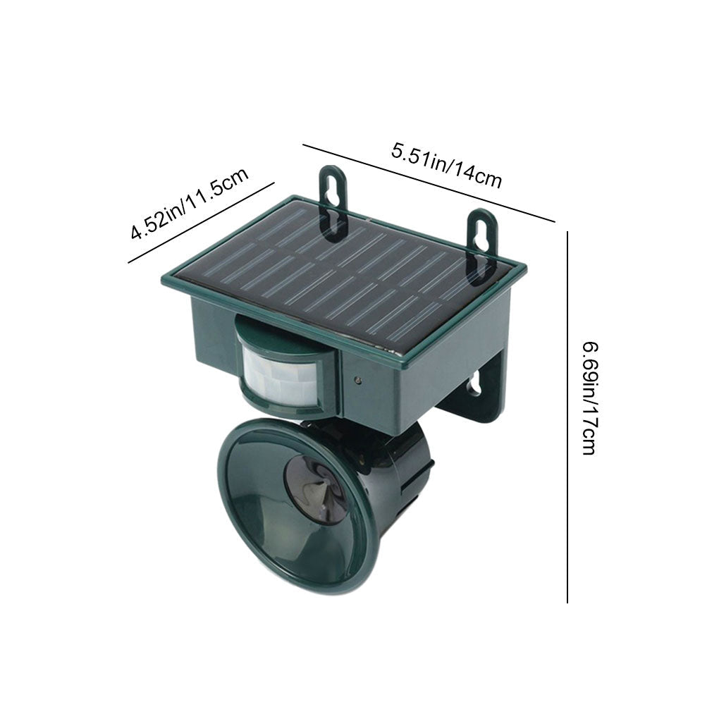 Humane outdoor solar bird repeller for garden, featuring motion detection & adjustable sound.