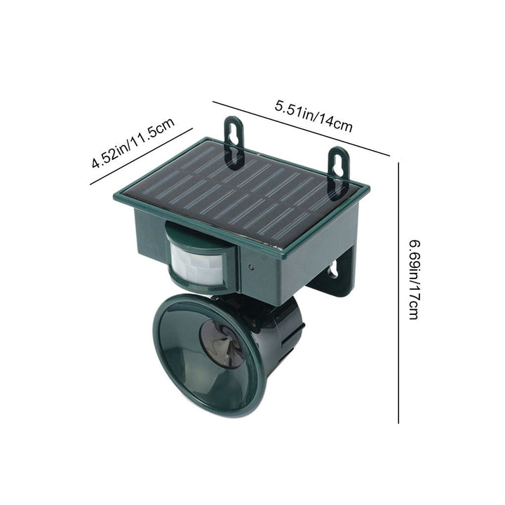 Humane outdoor solar bird repeller for garden, featuring motion detection & adjustable sound.