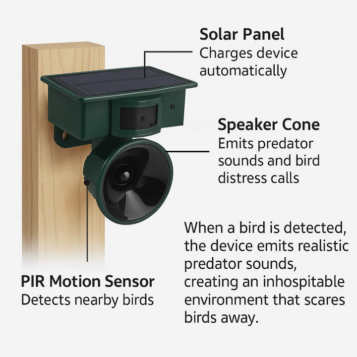 Motion-activated solar bird deterrent emits ultrasonic sound to scare away unwanted birds.