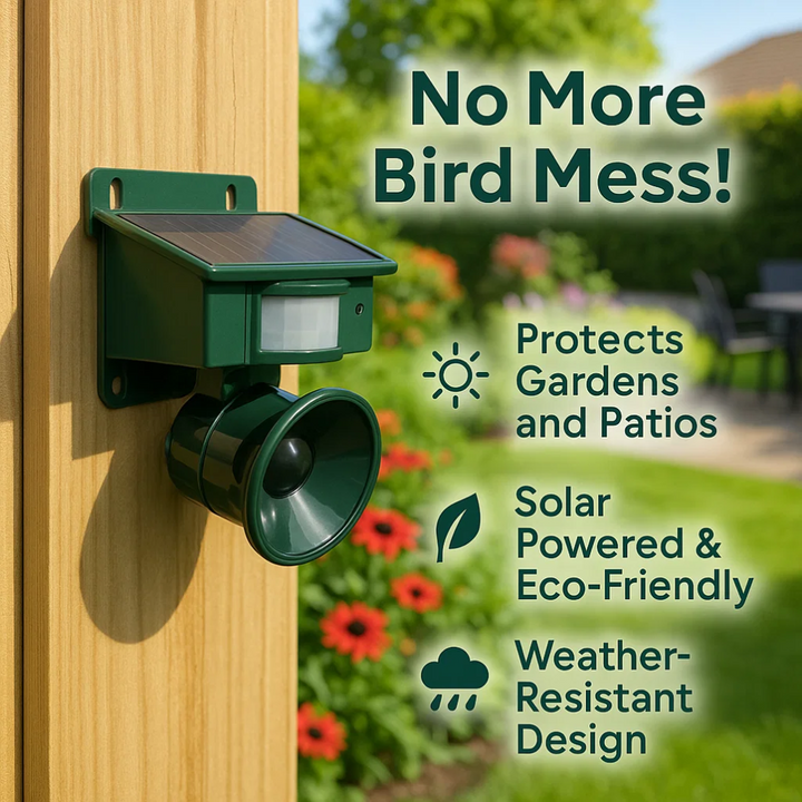 Efficient ultrasonic bird repeller, solar-powered for continuous garden protection against pests.
