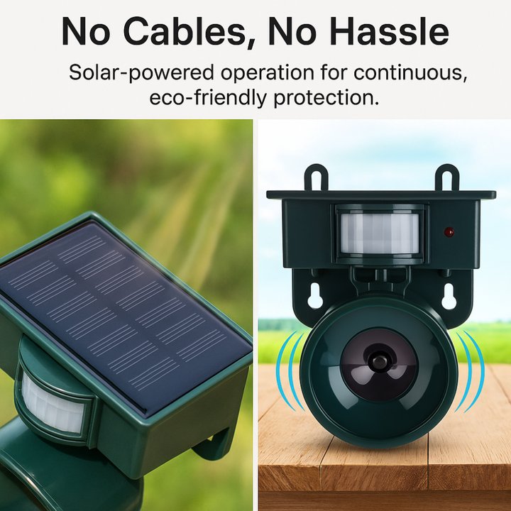 Solar-powered pest control device, an outdoor bird deterrent with motion sensor & sound.