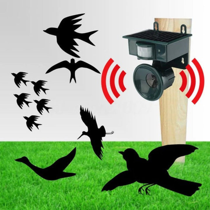 Close-up of the outdoor solar bird repeller with motion sensor and speaker.