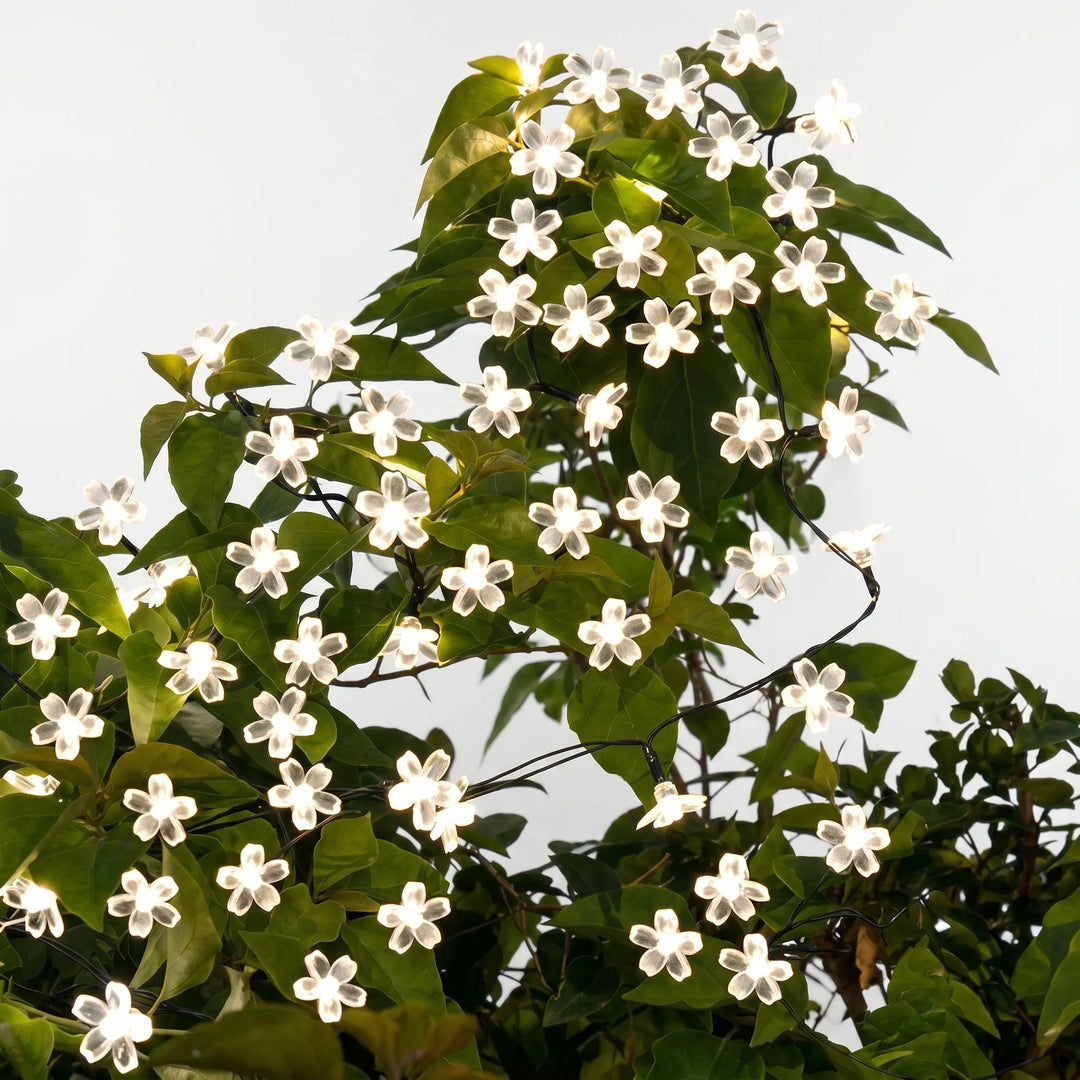 Flexible solar cherry blossom string lights draped on a garden fence. Easy outdoor decorative lighting.