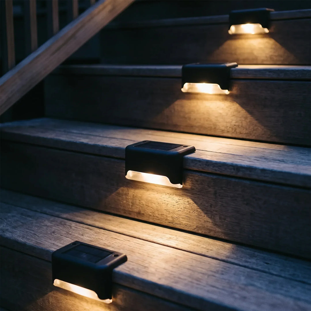 Outdoor solar deck lights, perfect for illuminating steps, fences, and pathways. Energy-efficient LED garden decor.