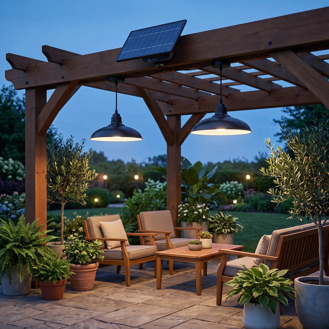 Outdoor solar pendant light, single head, with remote control. Ideal for shed, patio, or garden off-grid lighting.