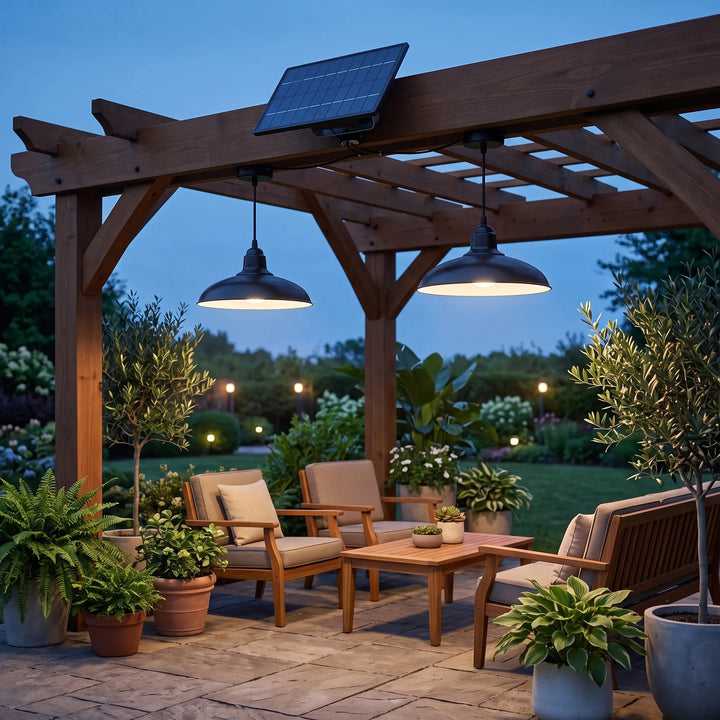 Outdoor solar pendant light, single head, with remote control. Ideal for shed, patio, or garden off-grid lighting.