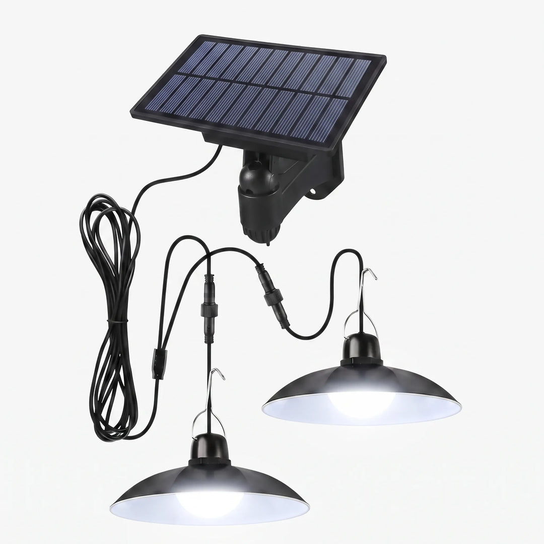 Dual head outdoor solar LED pendant light with remote control for off-grid garden, shed, patio lighting.