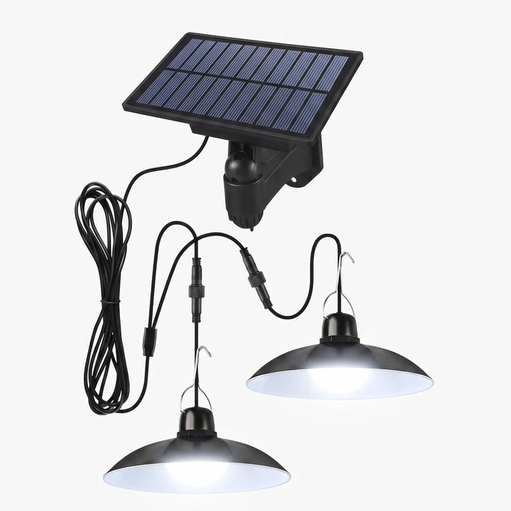 Off-grid solar LED pendant light, remote control, bright illumination for outdoor sheds, patios, and gazebos.