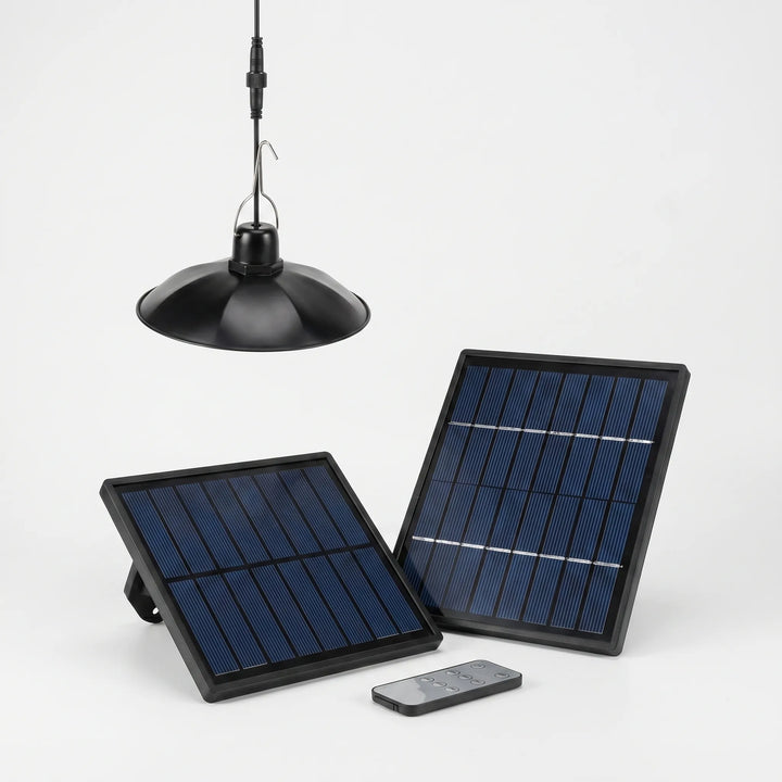 Durable weatherproof solar outdoor pendant light, LED, remote control, perfect for patio or shed lighting.