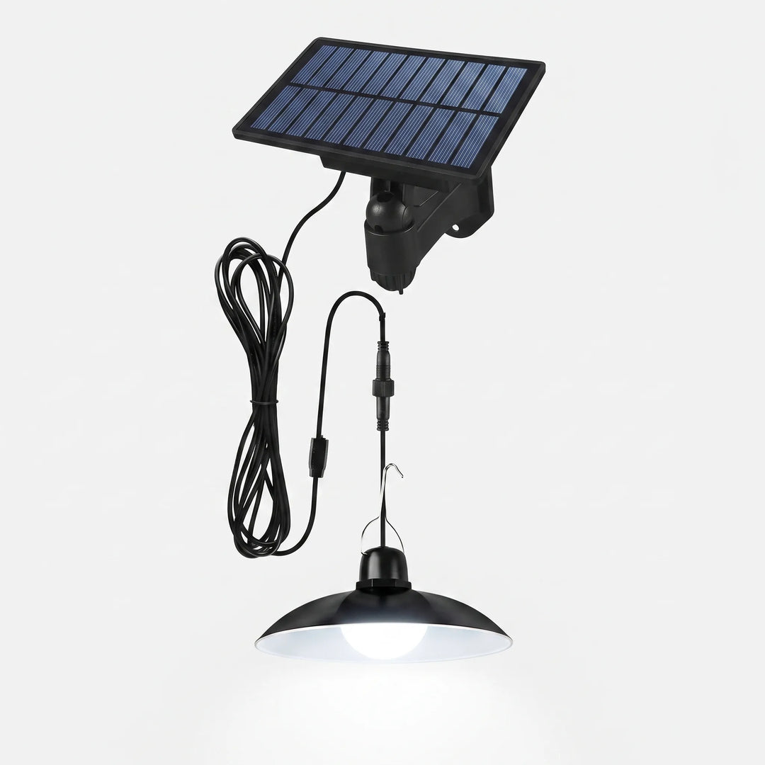 Modern 2-head solar pendant lamp with remote control. Bright LED outdoor lighting for patio, garden, shed.