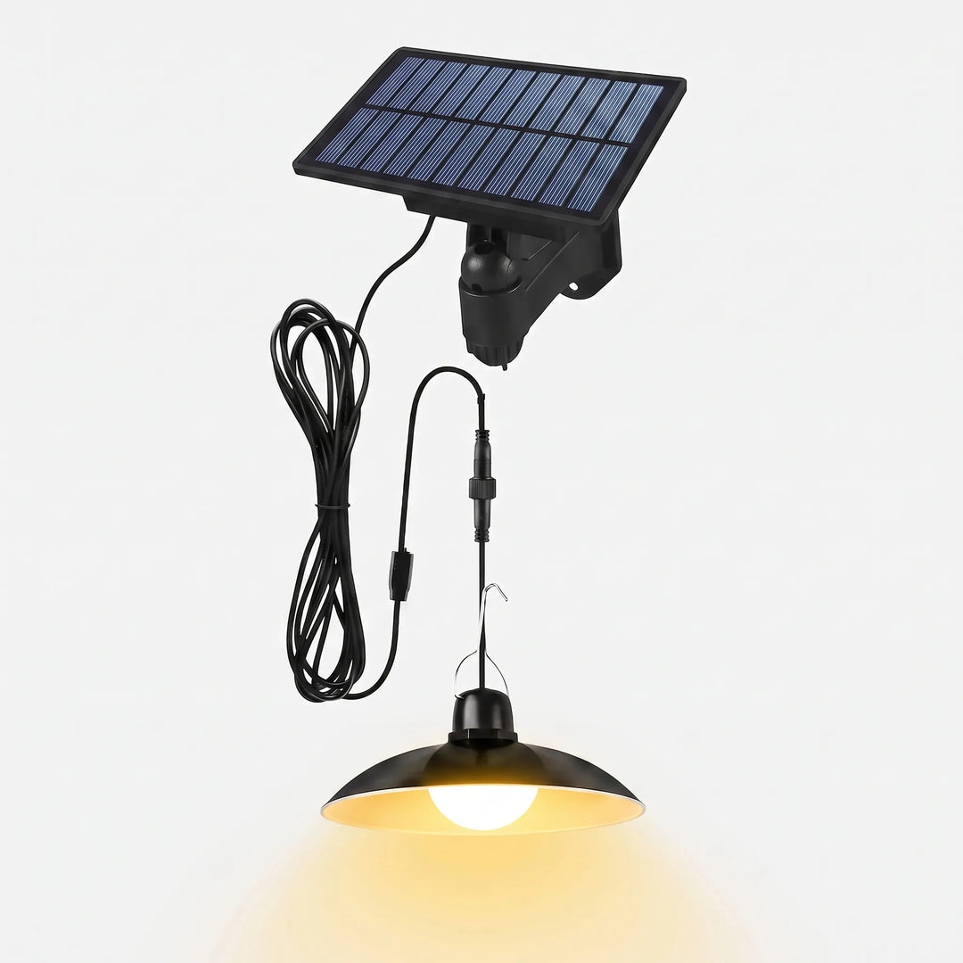 Energy-efficient 1-head solar LED pendant light, remote control, ideal for off-grid shed & patio lighting.