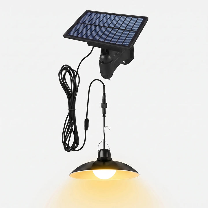 Energy-efficient 1-head solar LED pendant light, remote control, ideal for off-grid shed & patio lighting.