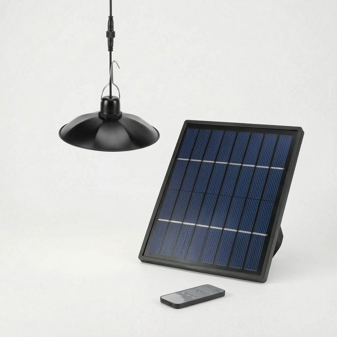 Bright remote-controlled solar pendant light, weatherproof, for outdoor garden, patio, or shed lighting needs.