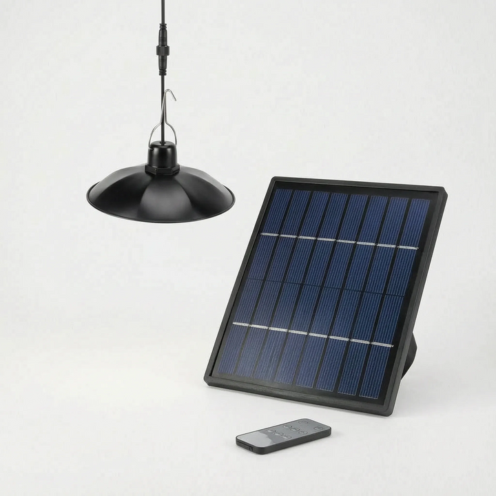 Bright remote-controlled solar pendant light, weatherproof, for outdoor garden, patio, or shed lighting needs.