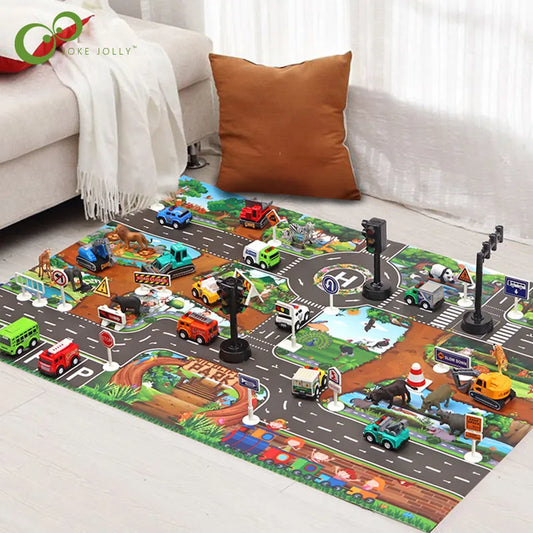 Overhead view of 'Magic City' kids' playmat with detailed traffic roads for toy cars, promoting imaginative play.