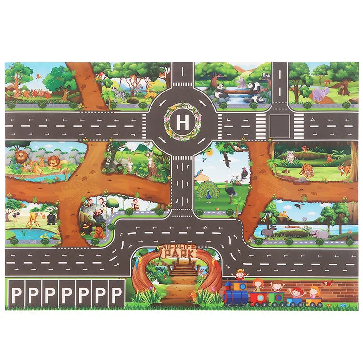 Child's hands playing with toy cars on an educational 'Magic City' playmat with colorful cityscapes and roads.