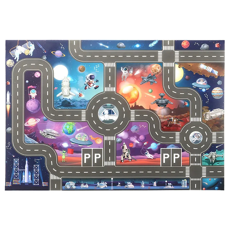 Close-up of a 'Magic City' playmat section showing intricate traffic roads and buildings for educational fun.