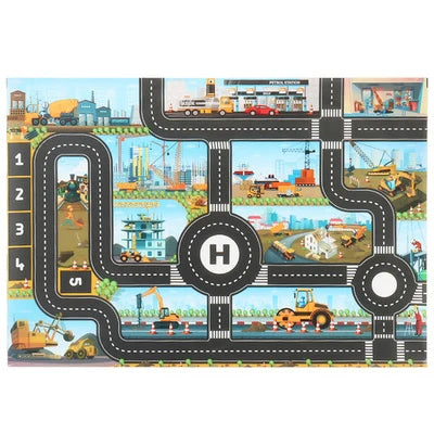 Colorful 'Magic City' playmat unrolled, featuring a detailed road map for kids' toy car games and learning.