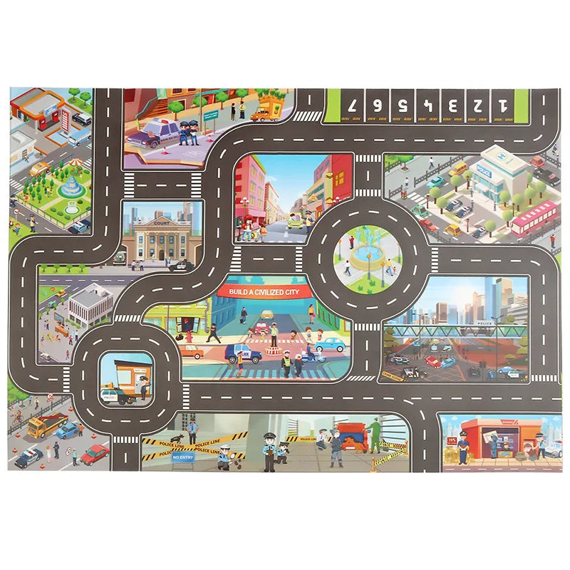 Two children sharing a 'Magic City' playmat, driving toy cars on its educational traffic roads for collaborative play.