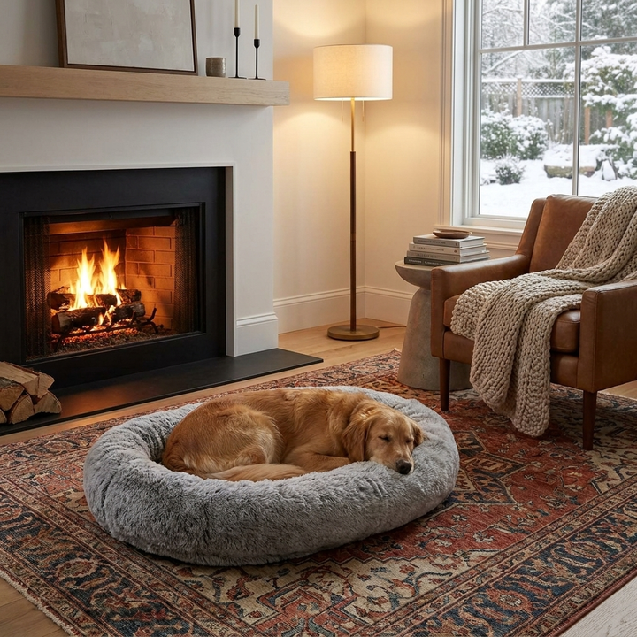 Oversized gray faux fur calming human dog bed for ultimate anti-anxiety relaxation. Soft, washable pet & human lounging.