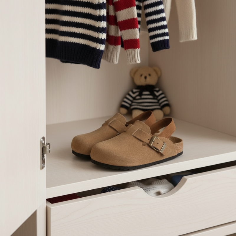 Pair of blue kids' comfort clogs with adjustable strap, perfect for toddlers' playtime