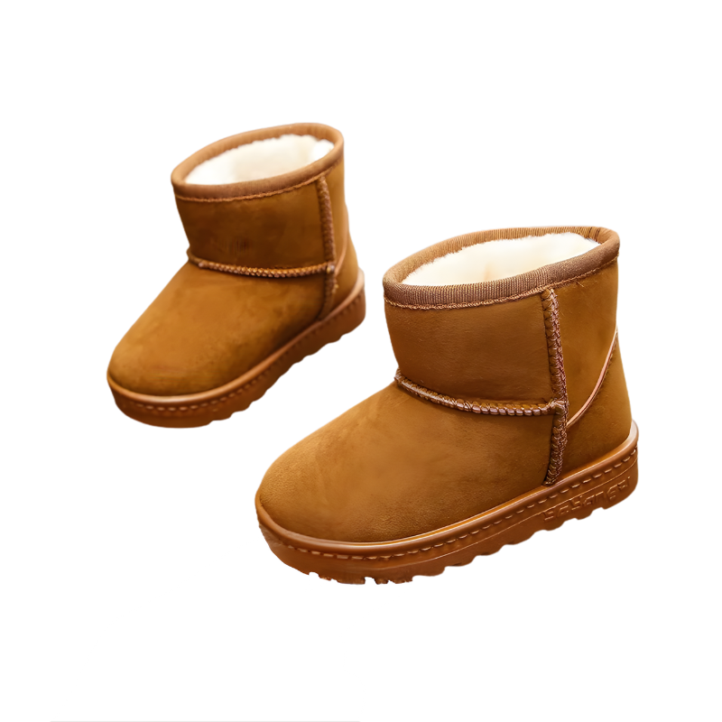 Side view of a grey fur-lined kids' warm winter boot, highlighting the soft interior and sturdy design.