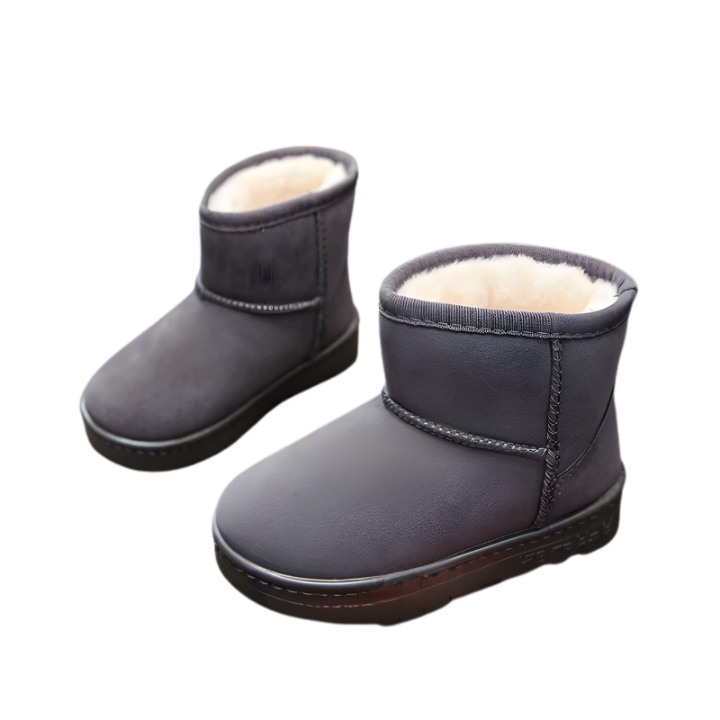 Stack of colorful fur-lined kids' winter boots, including pink, blue, and black, for boys and girls.