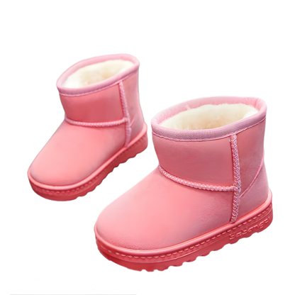 Ankle-high fur-lined children's winter boots with hook-and-loop closure, ideal for easy on/off and warmth.
