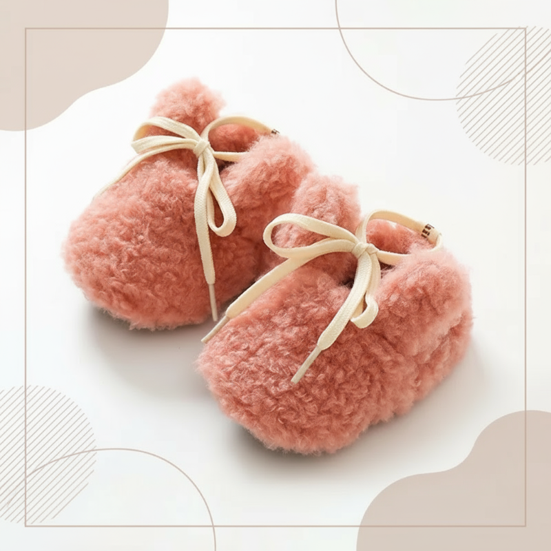 Close-up of the plush interior of cozy non-slip infant booties, soft baby footwear.